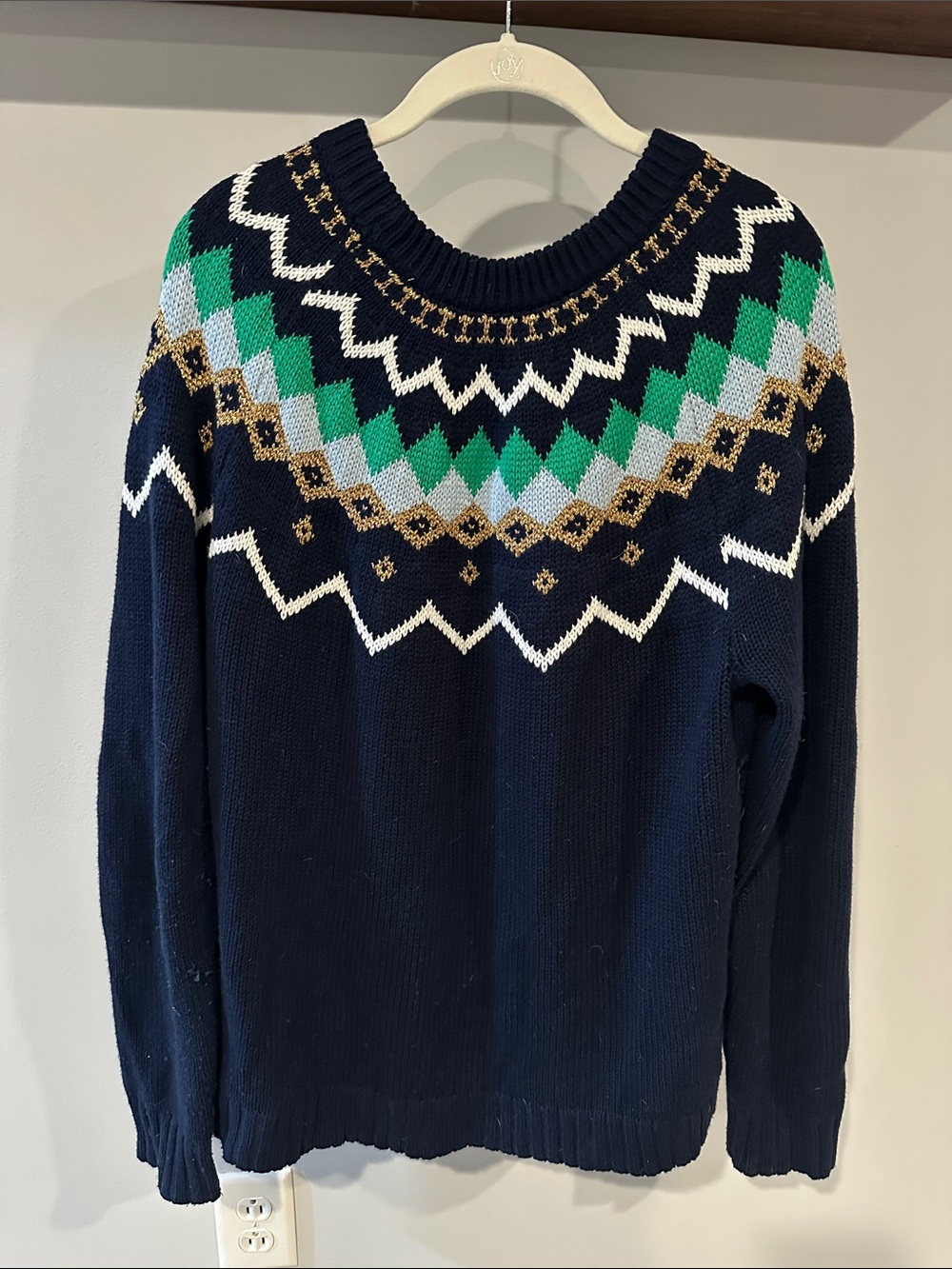 J. Crew Navy Fair Isle Crewneck Sweater with Green, Light Blue, White & Gold
